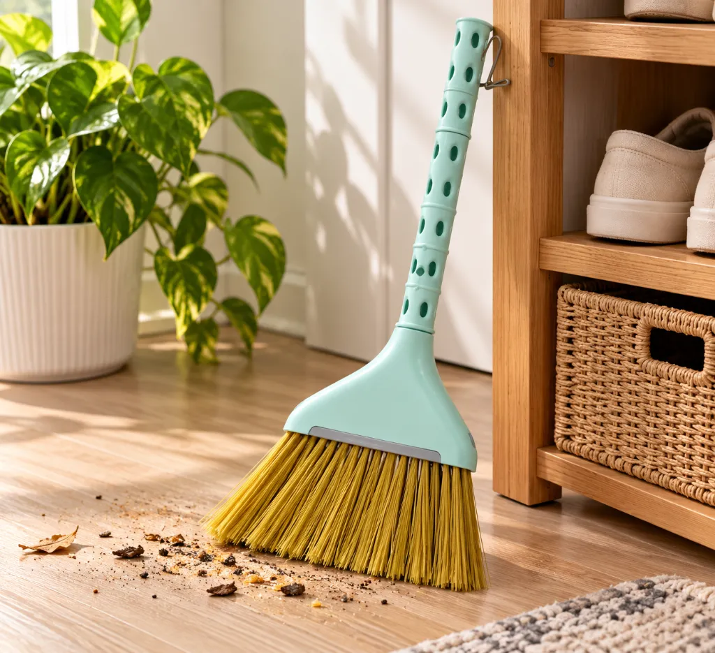 Mint Green Broom in a Sunlit Home Corner.webp