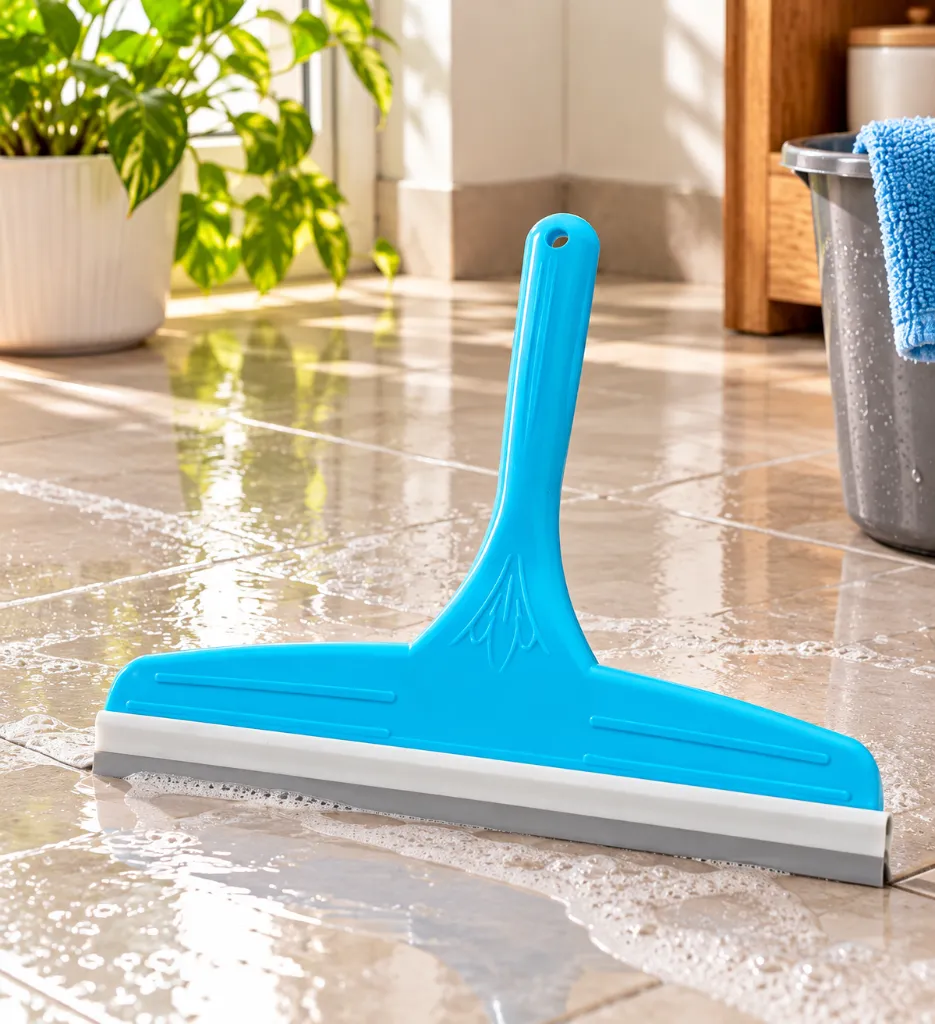 Bright Blue Squeegee on Soapy Tiles.webp