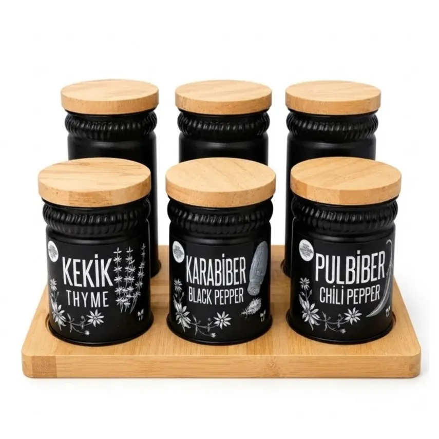 [804] 6 SPICES WITH WOODEN COVER AND TRY
