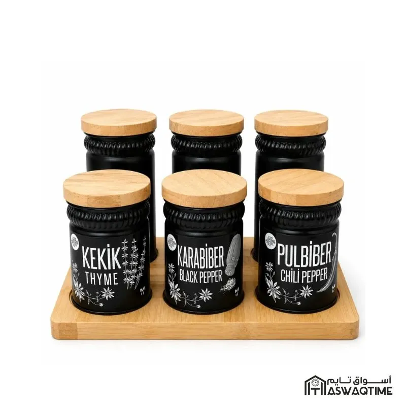6 SPICES WITH WOODEN COVER AND TRY