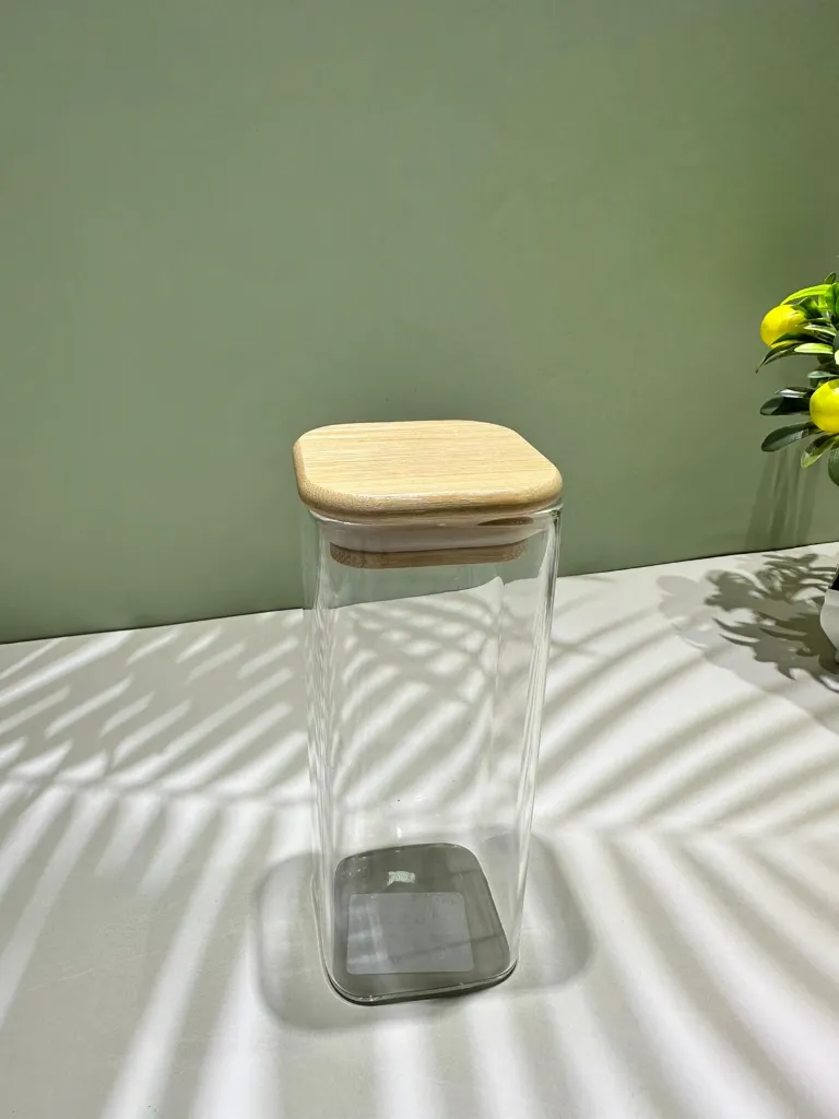 BAMBOO/GLASS WIDE STORAGE JAR 6x15cm