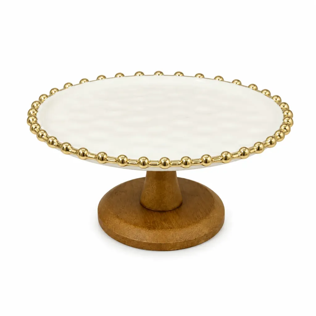 CERAMIC PLATE WITH WOODEN STAND AND GOLDEN EDGES 