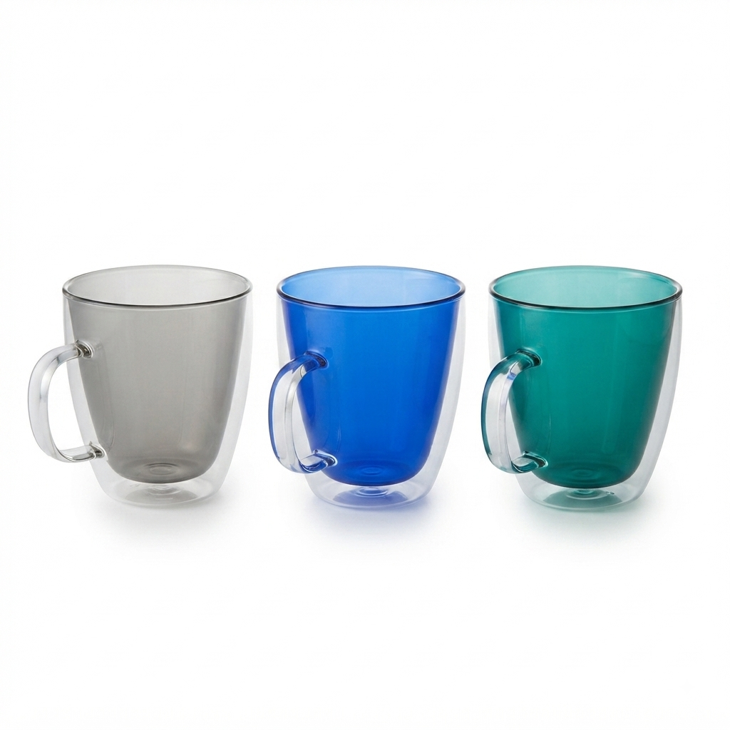 COLORED DOUBLE GLASS CUP WITH HANDLE  350ml