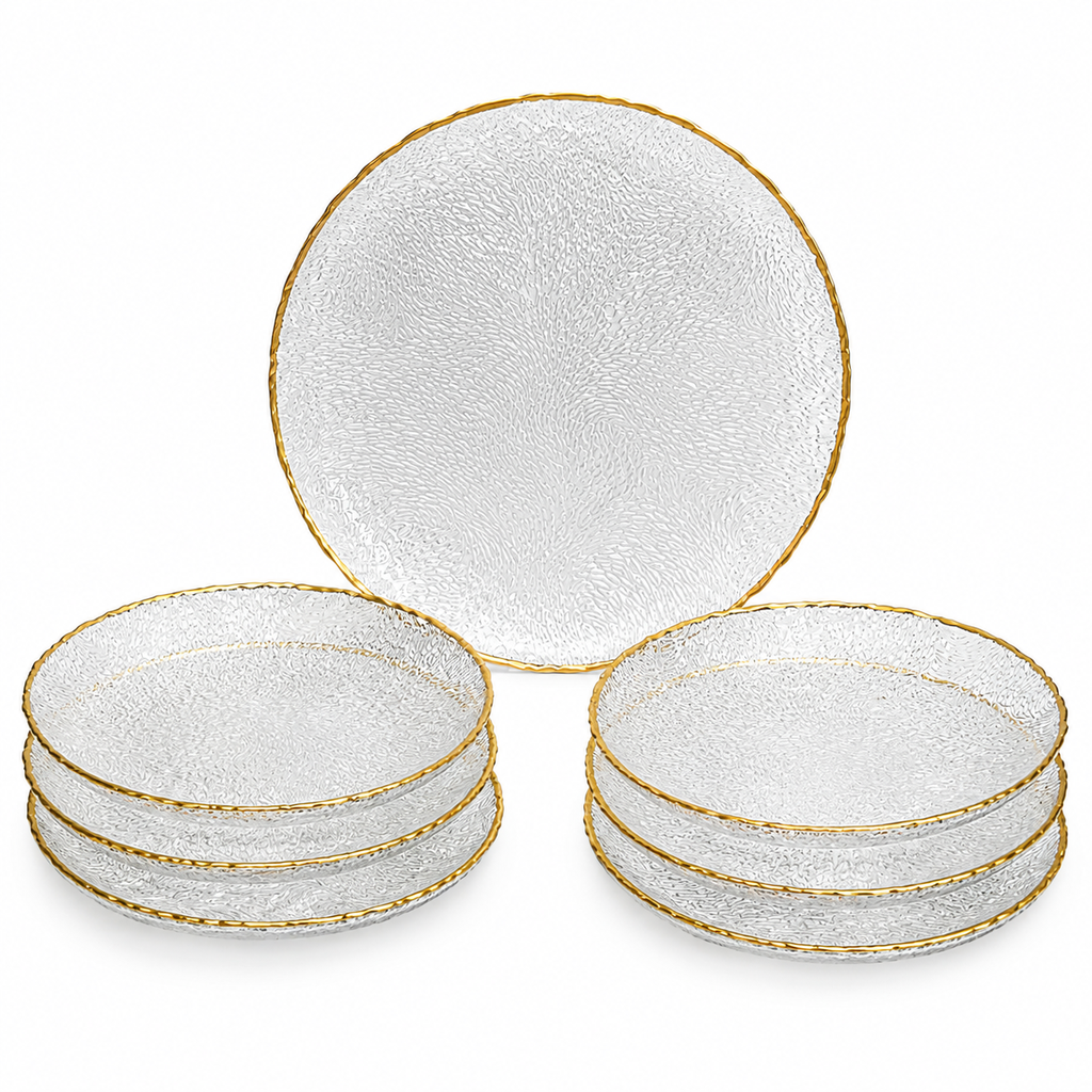 GLASSCOM ARES 7 PCS CAKE SET GREEN GOLD RIM*6