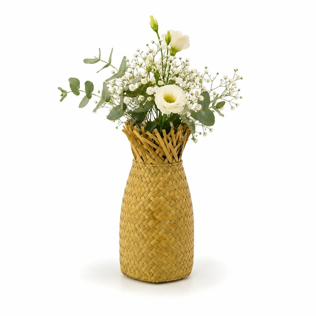 STRAW/CERAMIC VASE 7.5x7.5x25.5 cm