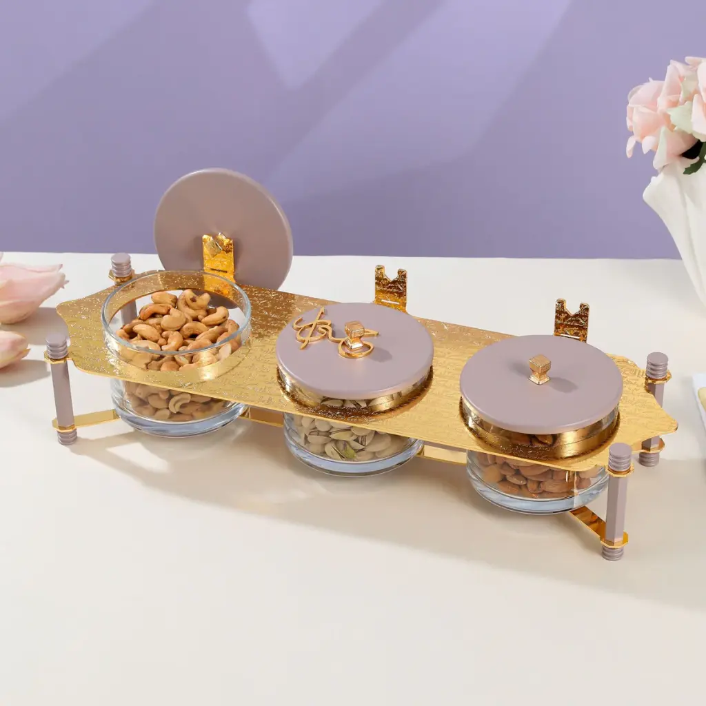 OTANTIK NUTS SERVING SET 3 BOWL WITH TRAY FROM JIWAR - PURPLE + GOLD NUTS SERVING SET 3 BOWL WITH TRAY