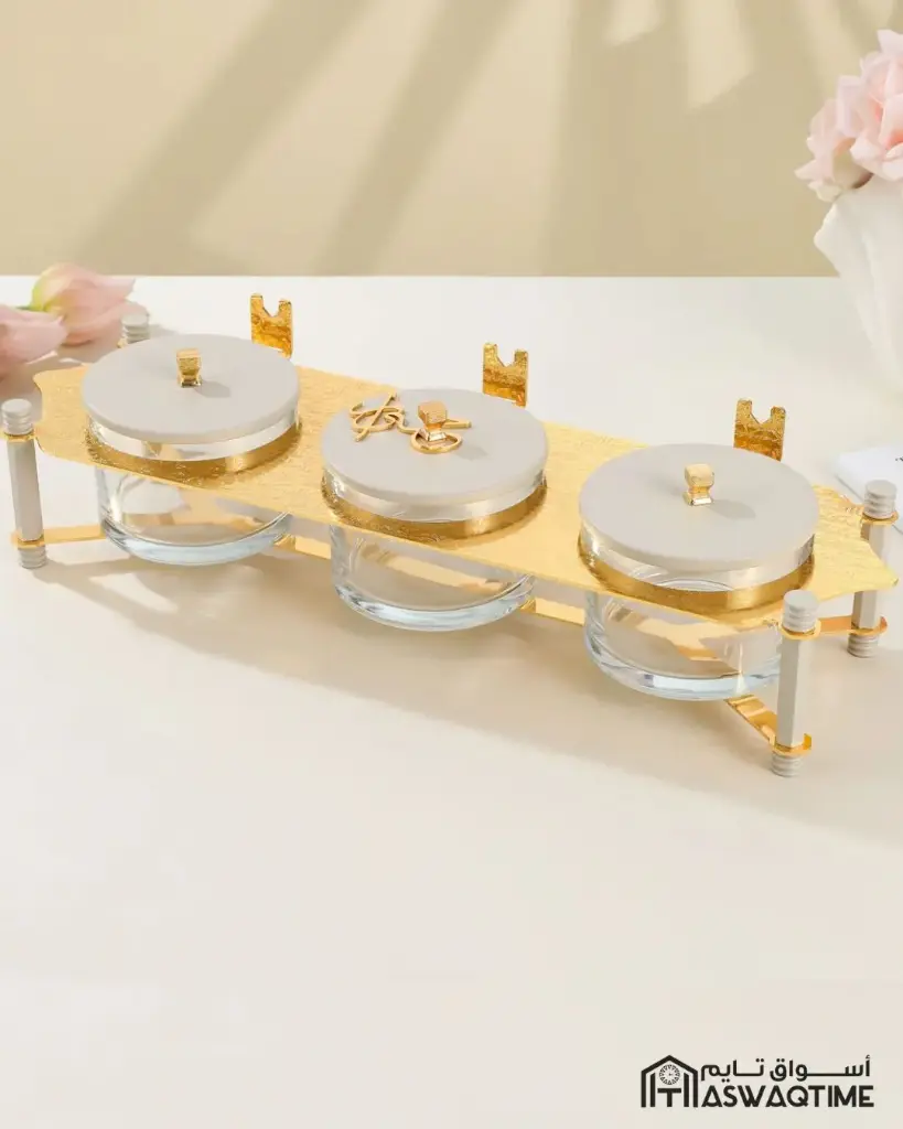 OTANTIK NUTS SERVING SET 3 BOWL WITH TRAY FROM JIWAR - BEIGE + GOLD NUTS SERVING SET 3 BOWL WITH TRAY