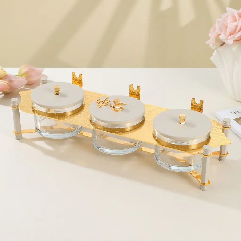 OTANTIK NUTS SERVING SET 3 BOWL WITH TRAY FROM JIWAR - BEIGE + GOLD NUTS SERVING SET 3 BOWL WITH TRAY