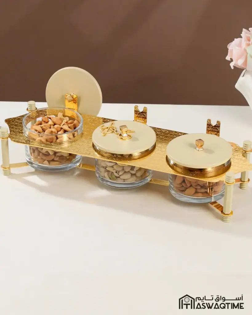 OTANTIK NUTS SERVING SET 3 BOWL WITH TRAY FROM JIWAR - IVORY + GOLD NUTS SERVING SET 3 BOWL WITH TRAY