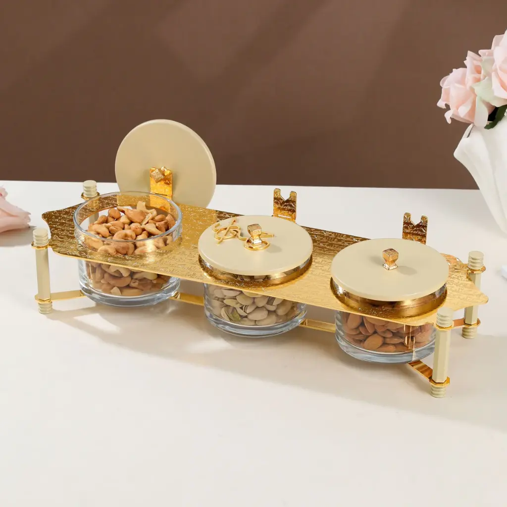OTANTIK NUTS SERVING SET 3 BOWL WITH TRAY FROM JIWAR - IVORY + GOLD NUTS SERVING SET 3 BOWL WITH TRAY