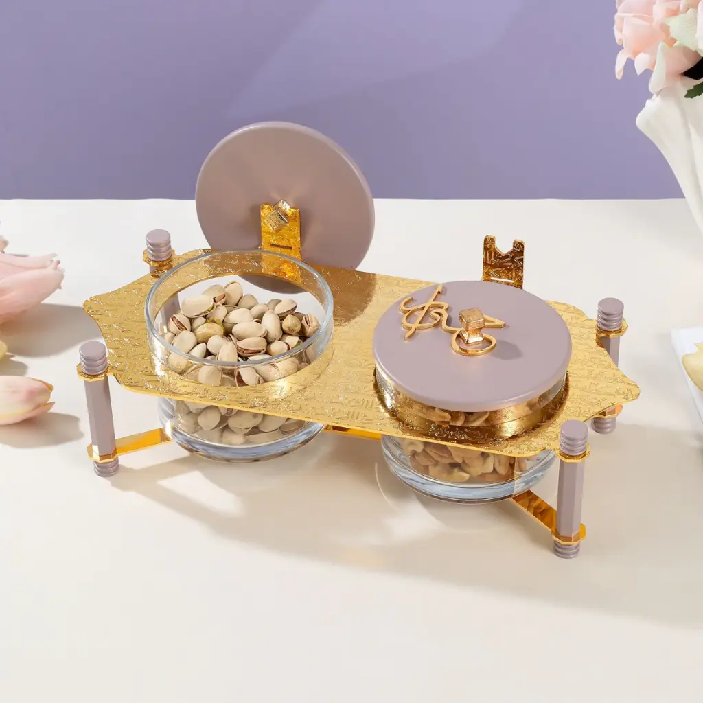 OTANTIK NUTS SERVING SET 2 BOWL WITH TRAY FROM JIWAR - PURPLE + GOLD NUTS SERVING SET 2 BOWL WITH TRAY