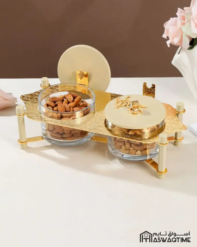 OTANTIK NUTS SERVING SET 2 BOWL WITH TRAY FROM JIWAR - IVORY + GOLD NUTS SERVING SET 2 BOWL WITH TRAY