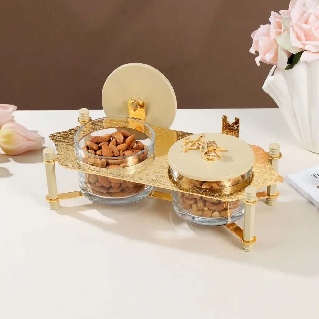 OTANTIK NUTS SERVING SET 2 BOWL WITH TRAY FROM JIWAR - IVORY + GOLD NUTS SERVING SET 2 BOWL WITH TRAY