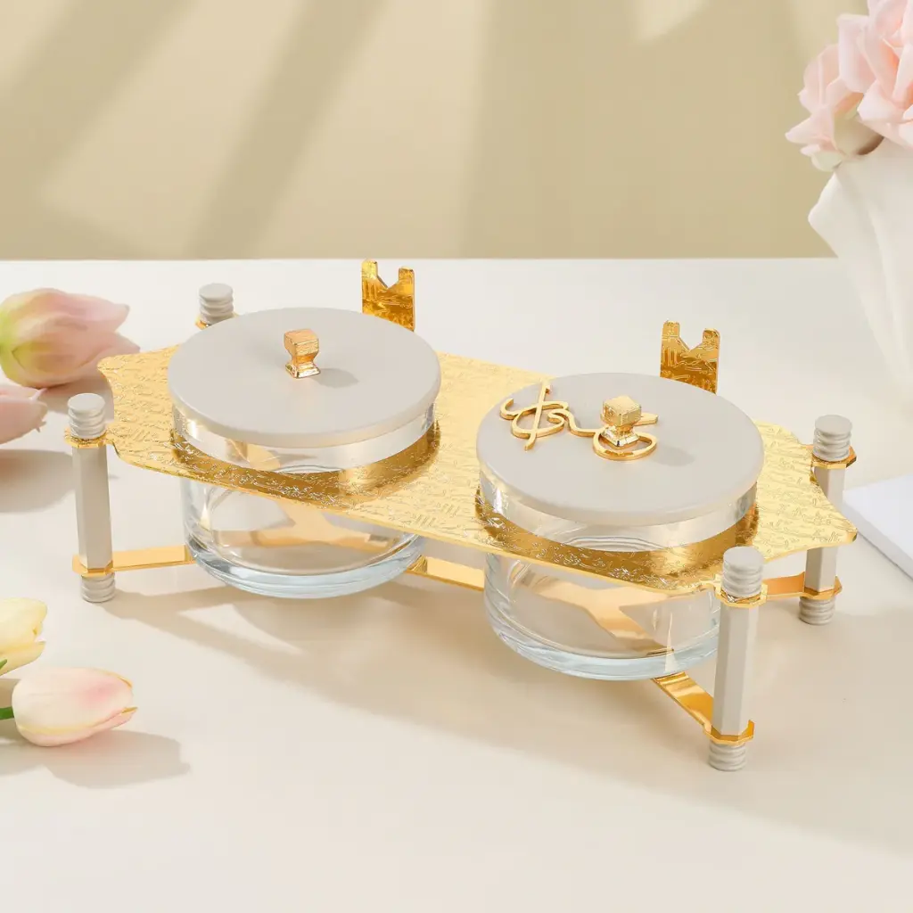 OTANTIK NUTS SERVING SET 2 BOWL WITH TRAY FROM JIWAR - BEIGE + GOLD NUTS SERVING SET 2 BOWL WITH TRAY