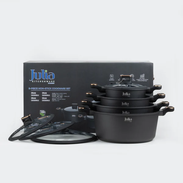 JULIA ELITE-PRO PLUS COOKWARE SET 8 PIECES-BLACK CASSEROLE  20CM /24CM /28CM / 32CM 