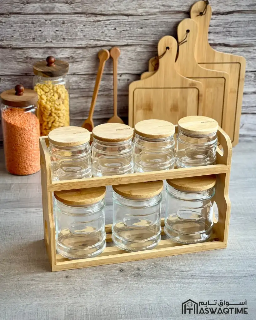 GERMAX 7PCS ROUND GLASS JARS WITH BAMBOO RACK