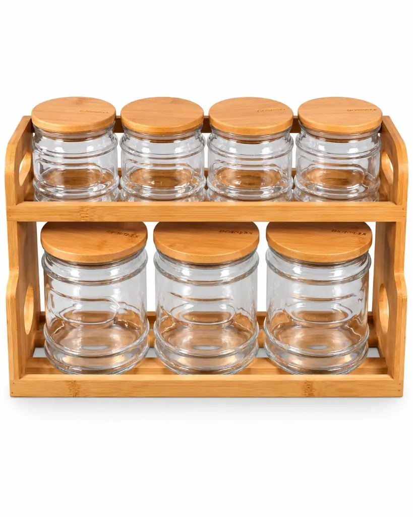 [GER-GER4034] GERMAX 7PCS ROUND GLASS JARS WITH BAMBOO RACK