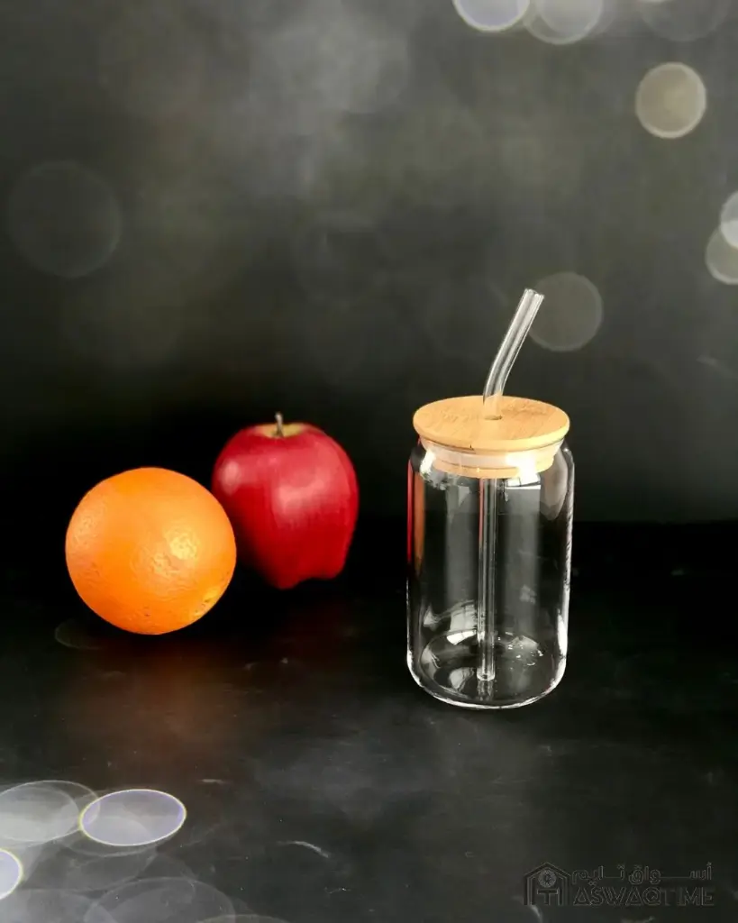 GLASS CUP AND STRAW WITH BAMBOO LID 300ML