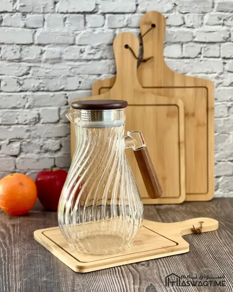GLASS JUG WITH WOODEN HANDLE