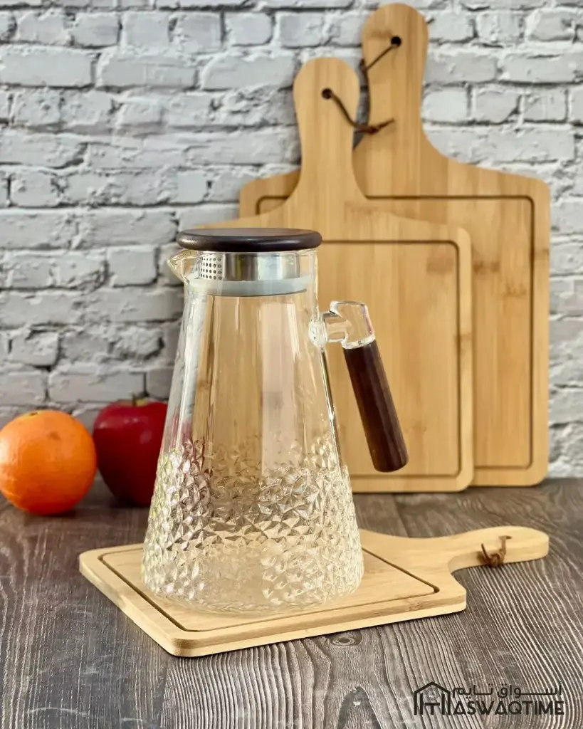 GLASS JUG WITH WOODEN HANDLE