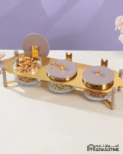 [OTN-HJ1335 ] OTANTIK NUTS SERVING SET 3 BOWL WITH TRAY FROM JIWAR - PURPLE + GOLD NUTS SERVING SET 3 BOWL WITH TRAY